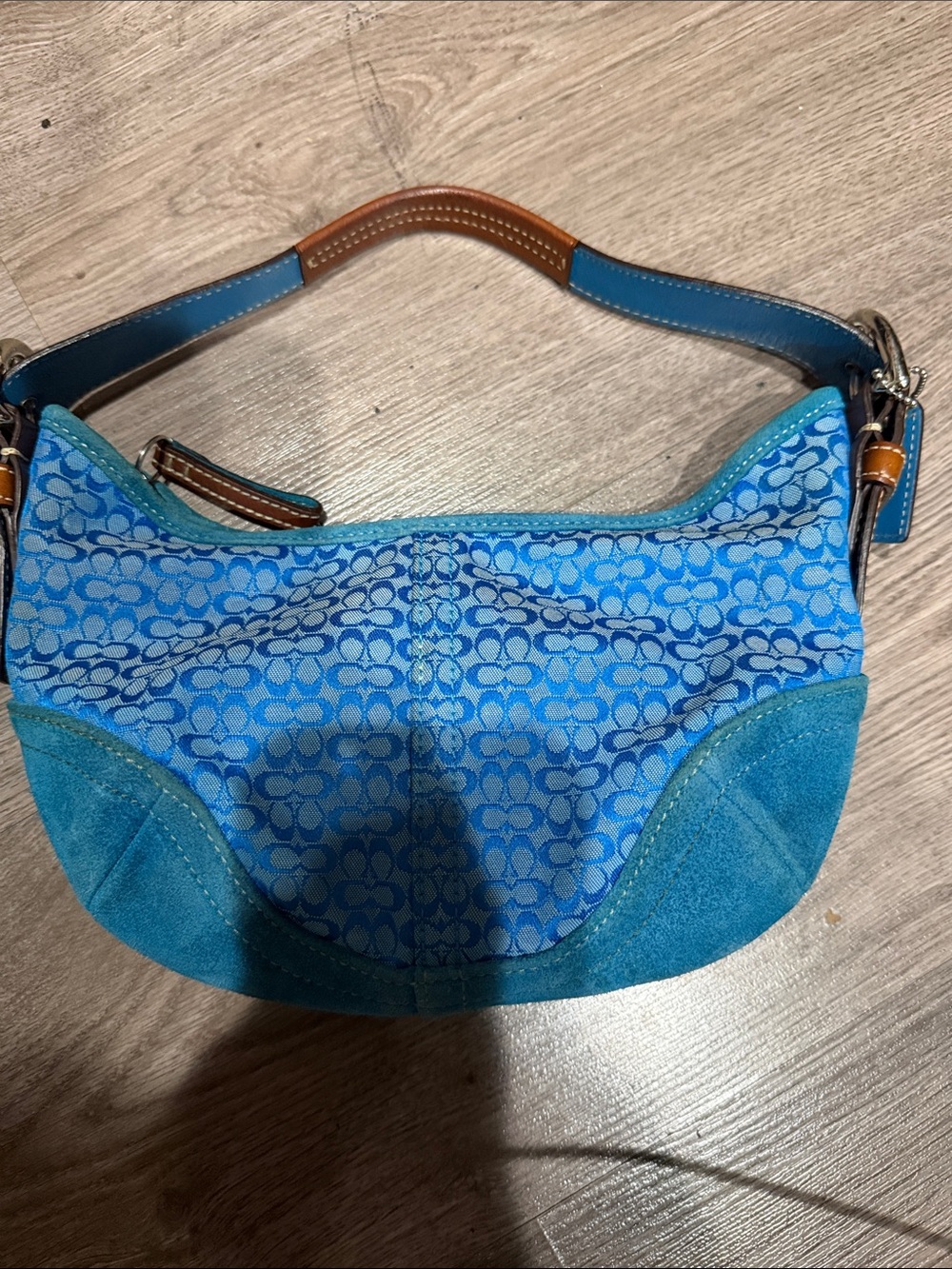 Coach Blue Signature Canvas Shoulder Bag with Teal Suede Accents